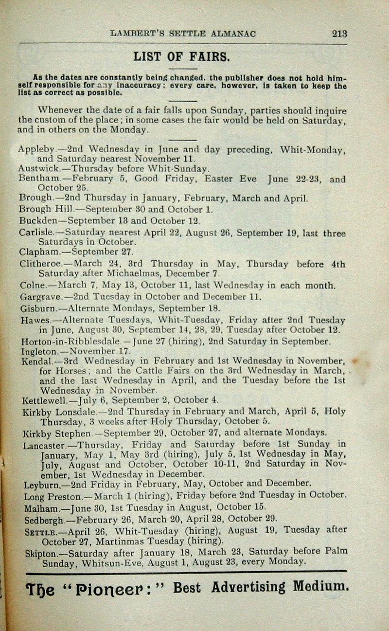 Settle Almanac 1914 - p213.JPG - Lambert's Settle Almanac 1914 - p213 - List of Fairs